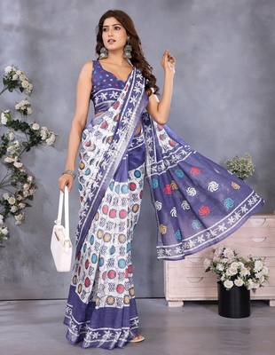 pre-stitched white batik printed saree 3
