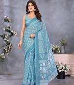 ready to wear ocean blue batik printed saree with unstitched blouse