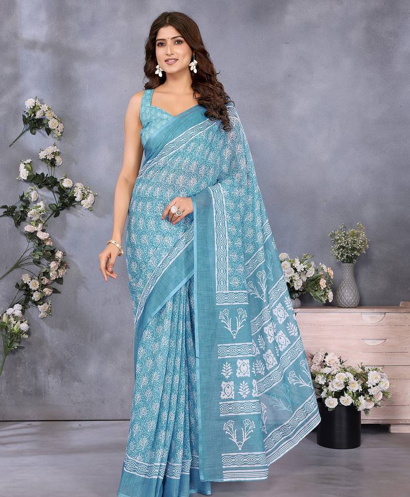Ocean Blue batik printed ready to wear saree with unstitched blouse