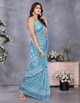 ready to wear ocean blue batik printed saree 2