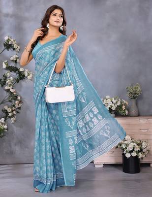ready to wear ocean blue batik printed saree 3