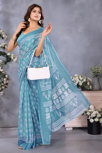 ready to wear ocean blue batik printed saree