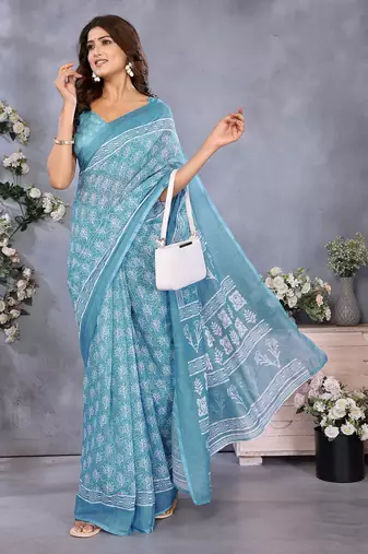 ready to wear ocean blue batik printed saree