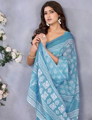 ready to wear ocean blue batik printed saree 5