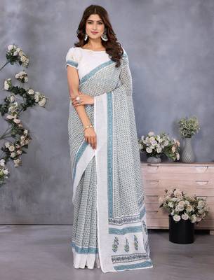 pre draped off white batik printed saree 1