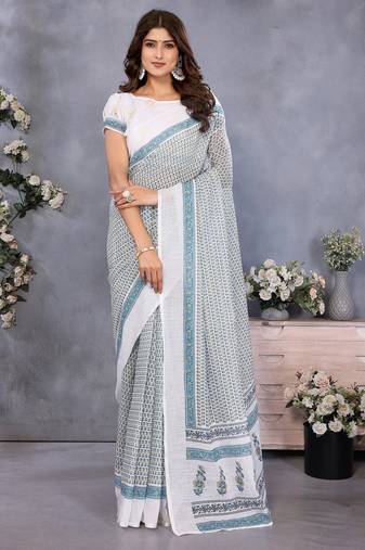 Off white batik printed ready to wear saree with unstitched blouse