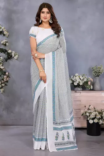 ready to wear off white batik printed saree with unstitched blouse