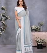 ready to wear off white batik printed saree with unstitched blouse