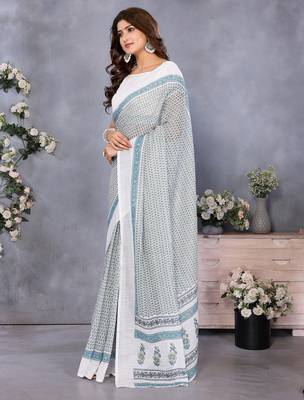 pre draped off white batik printed saree 2
