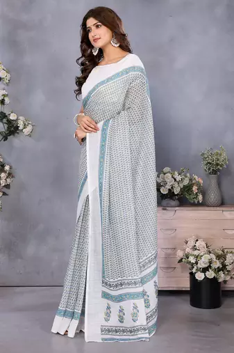 pre draped off white batik printed saree