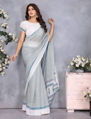 pre draped off white batik printed saree 3