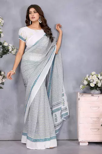 pre draped off white batik printed saree