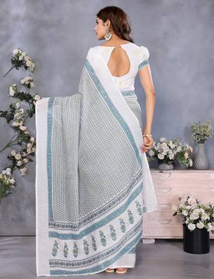 pre draped off white batik printed saree 4