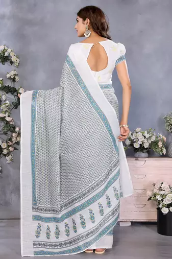 pre draped off white batik printed saree