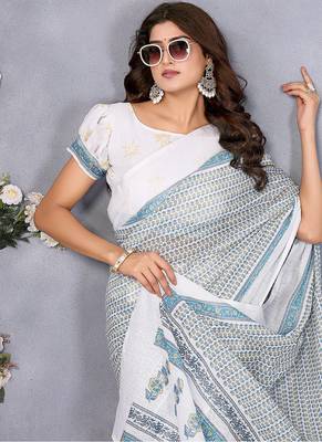 pre draped off white batik printed saree 5