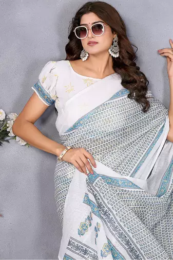 pre draped off white batik printed saree