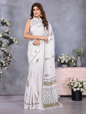 ready made white block printed saree 1