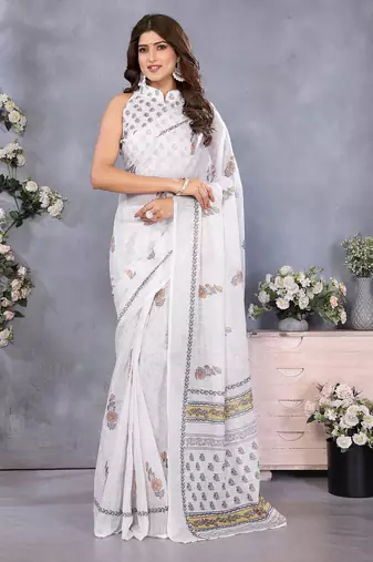 ready to wear white block printed saree with unstitched blouse