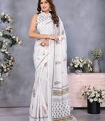 ready to wear white block printed saree with unstitched blouse