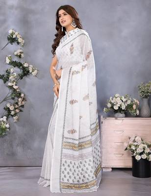 ready made white block printed saree 2