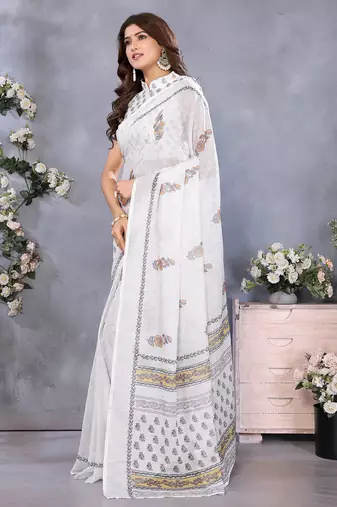 ready made white block printed saree