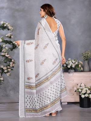 ready made white block printed saree 3