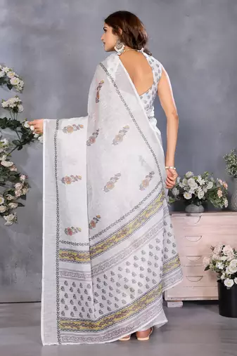 ready made white block printed saree
