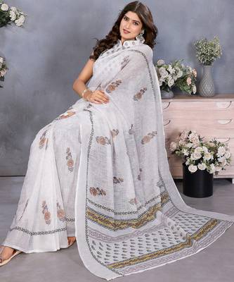ready made white block printed saree 4