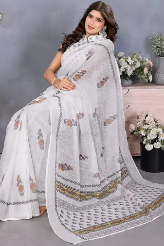 ready made white block printed saree