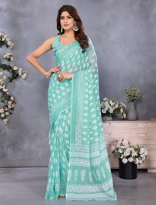 pre-stitched light green block printed saree 1