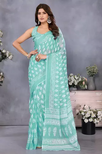 ready to wear light green block printed saree with unstitched blouse