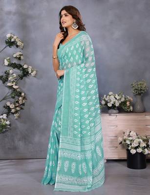 pre-stitched light green block printed saree 2