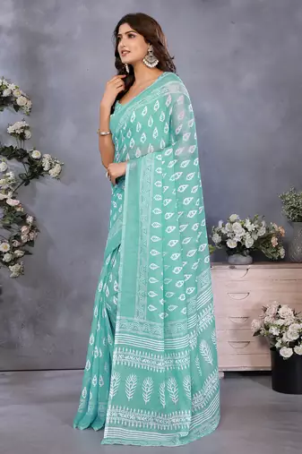 pre-stitched light green block printed saree
