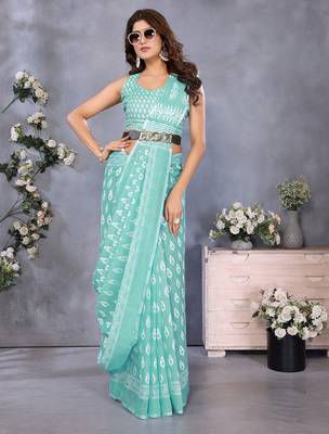 pre-stitched light green block printed saree 3