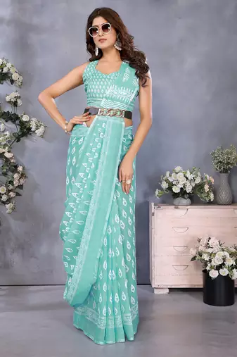 pre-stitched light green block printed saree