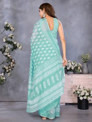 pre-stitched light green block printed saree 4