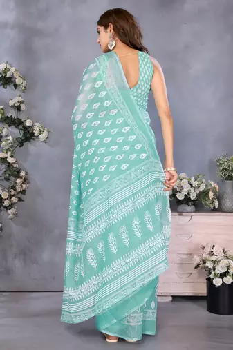 pre-stitched light green block printed saree