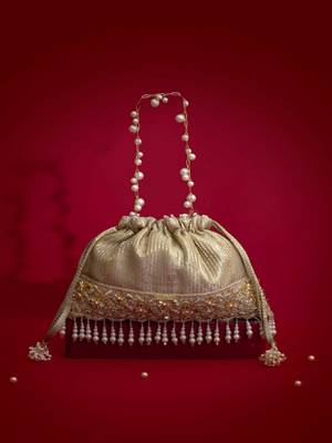 Grey embroidered  silk potli bag 1