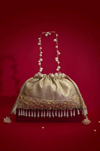Grey embroidered  silk potli bag