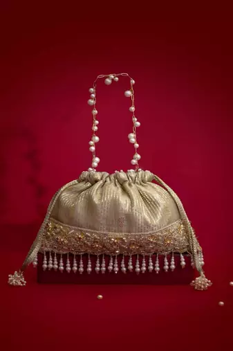 Grey embroidered  silk potli bag