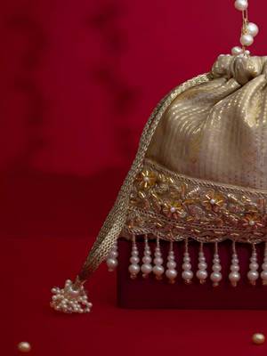 Grey embroidered  silk potli bag 2