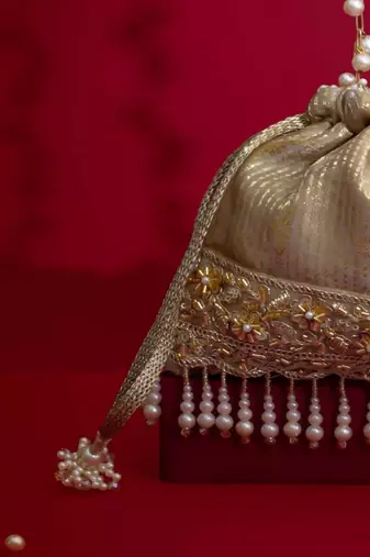 Grey embroidered  silk potli bag