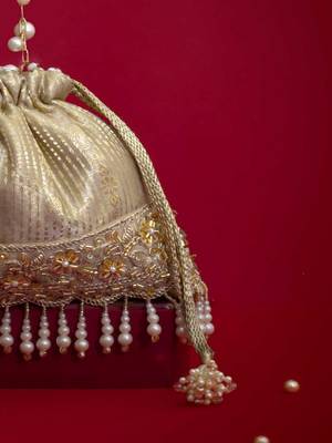 Grey embroidered  silk potli bag 3
