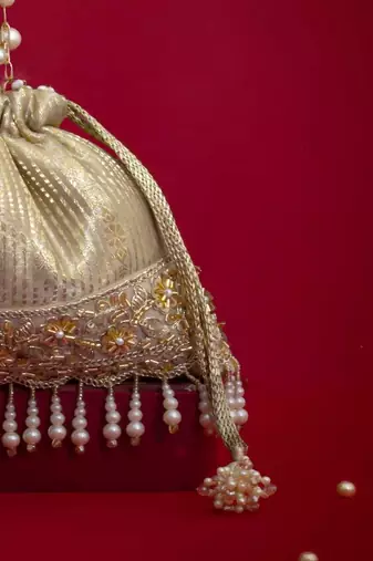 Grey embroidered  silk potli bag