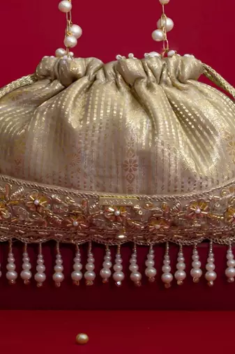 Grey embroidered  silk potli bag