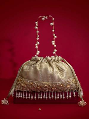 Grey embroidered  silk potli bag 5