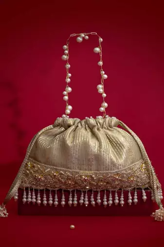Grey embroidered  silk potli bag