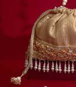 Beige embroidered  silk potli bag