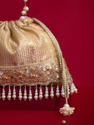 Beige embroidered  silk potli bag 2