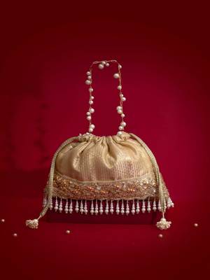 Beige embroidered  silk potli bag 5